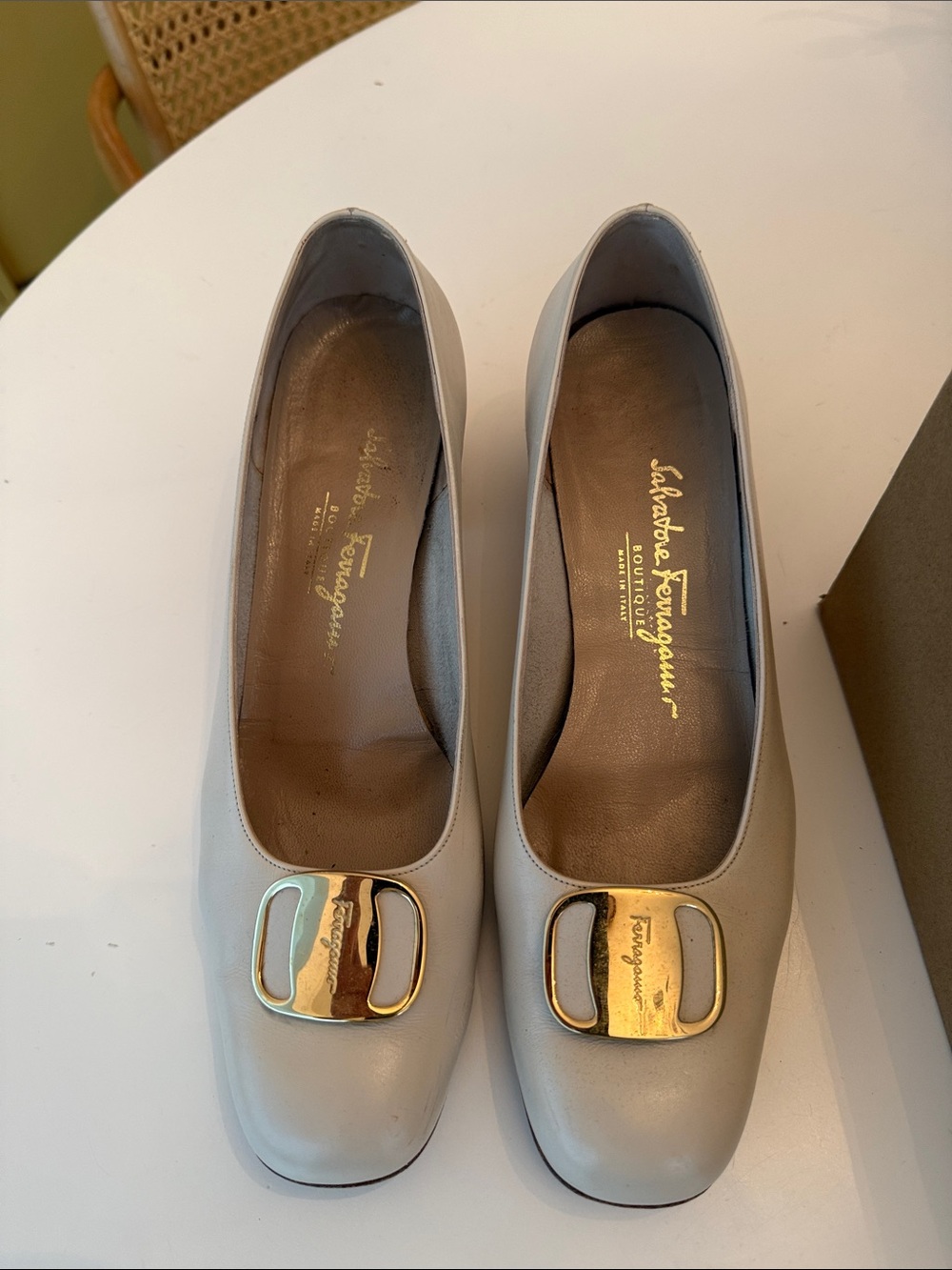 Salvatore Ferragamo Light Taupe Leather block heel with Gold Buckle